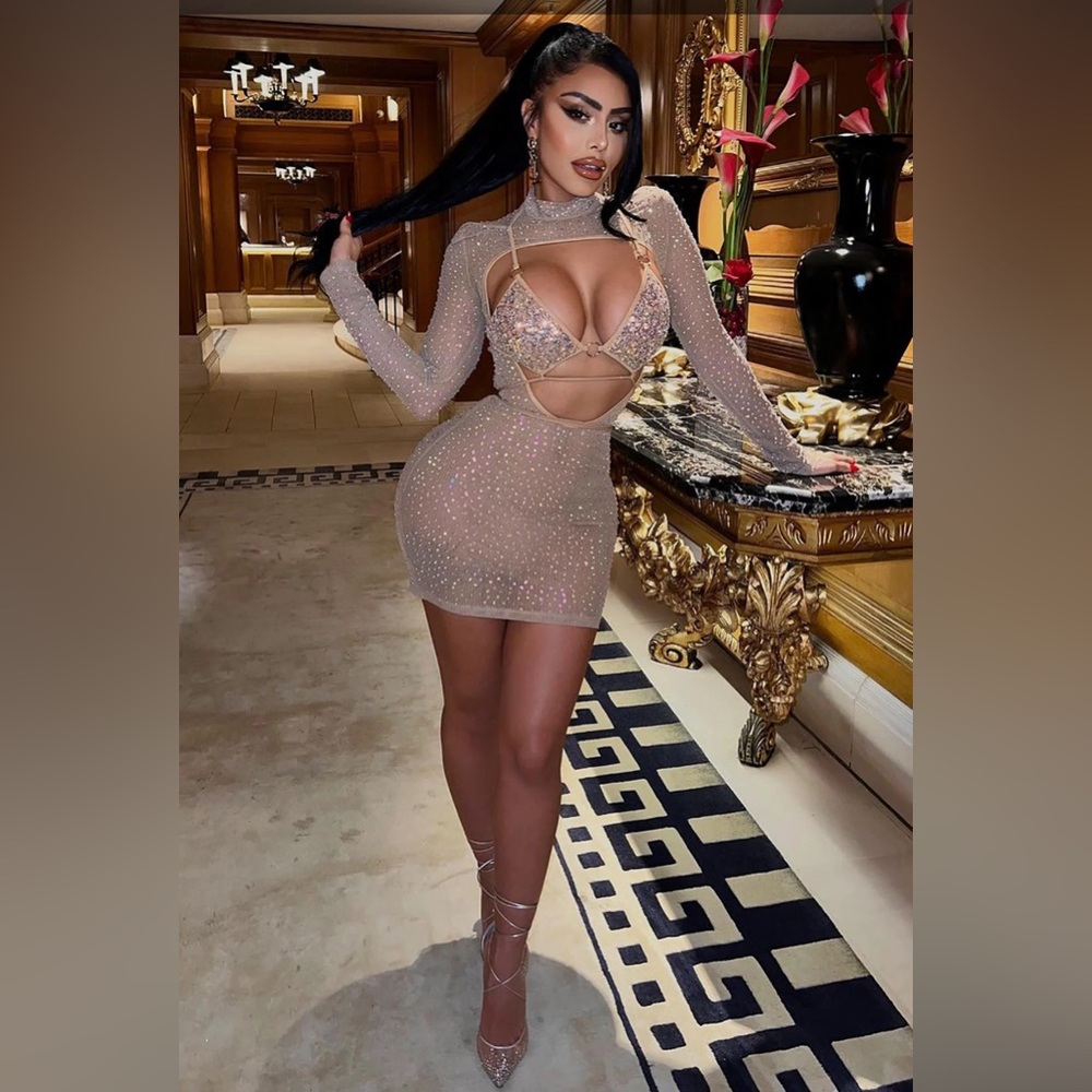 Fashionnova Flirt Envy Embellished Mini Dress - Mocha